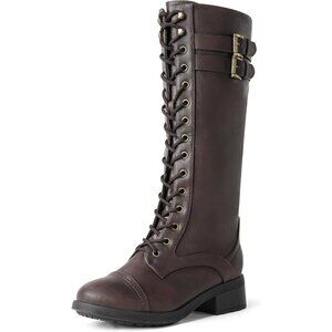Women's Polyurethane Pu Georgia-brown Double buckle Knee High Riding Combat Boot